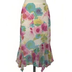 VTG DANA BUCHMAN Women’s Sz 4 FLORAL SILK Lined SKIRT asymmetric ruffle hemline